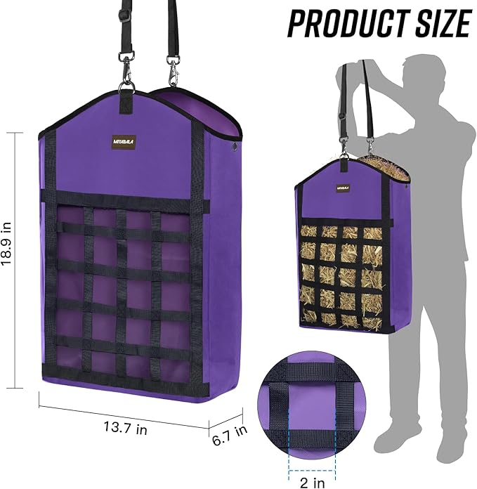 Hay Bags for Horses,3 Packs Slow Feed Hay Bags for Goats,Sheep,Donkey,Premium Oxford Hay Feed Bags with Front Hay Nets Design, Easy to Fill and Hang with Large Opening (2Purple + 1Black)