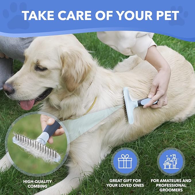 Dog rake deshedding dematting Brush Comb - Undercoat rake for Dogs, Cats, matted, Short,Long Hair Coats - Brush for Shedding, Double Row Stainless Steel pins - Reduce Shedding by 90% (Haze Blue)