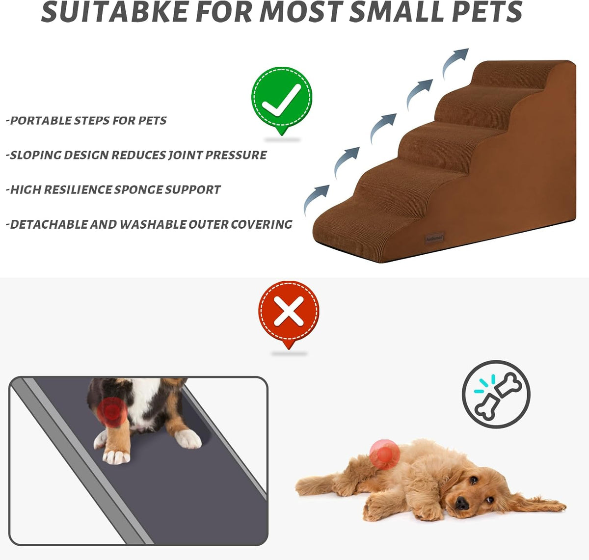 5-Step Dog Stairs and Ramp for High Bed,Non-Slip Sturdy Pet Steps for Small Dogs and Cats,22.2" H,Brown