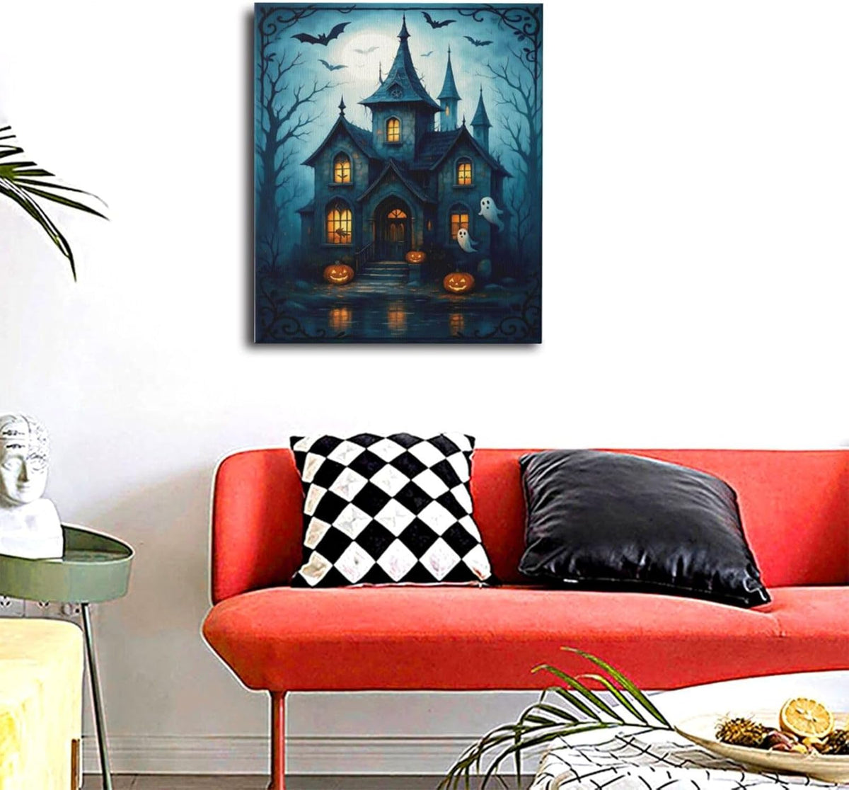 Halloween Gothic Wall Art Castle Pumpkin Ghost Bat Canvas Wall Decor Dark Academia Pictures Painting Print Framed Artwork Decorations Gifts for Halloween Living Room Bedroom Office 20"x24"