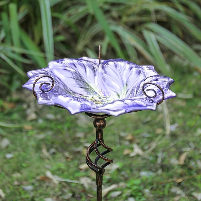 VCUTEKA Glass Bird Bath Outdoor BirdBath Bird Feeder with Metal Stake Garden Decor, Purple