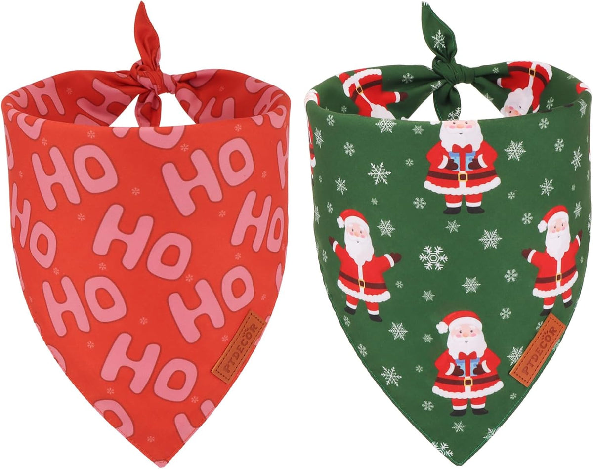 PTDECOR Christmas Dog Bandana, Xmas HOHO Santa Design Reversible Holiday Dog Scarf, Triangle Christmas Bandanas for Small Pets (Small)