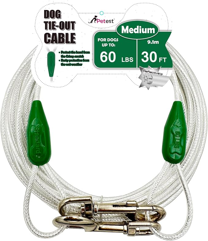 Petest 30ft Reflective Tie-Out Cable for Medium Dogs Up to 60 Pounds