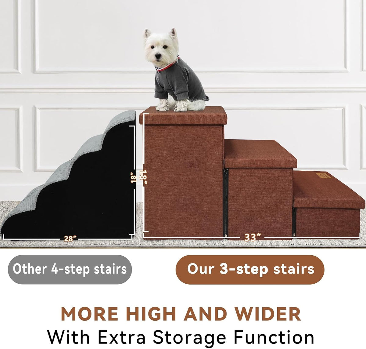 Dog Stairs with Storage 18" H, 3-Step Wider Dog Steps for Small/Medium/Large Old Dogs Cats, Folding Sturdy Pet Stairs Climbing Bed Couch, Ramp for Car Hold Up to 200 lbs (Brown, No Condo)