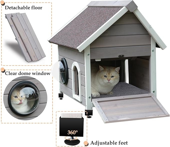 Rockever Outdoor Cat House, Feral Cat House Outdoor Weatherproof with Escape Door and Clear Windows for 2 Cats(with Self Warming Mat)