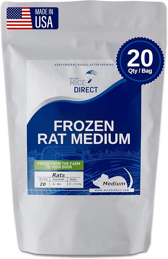 MiceDirect EST. 2003 20 Frozen Rat Medium Feeders Snake Food for for Adult Ball Python Monitor Lizard (6-8 in)(1700 Grams Min)