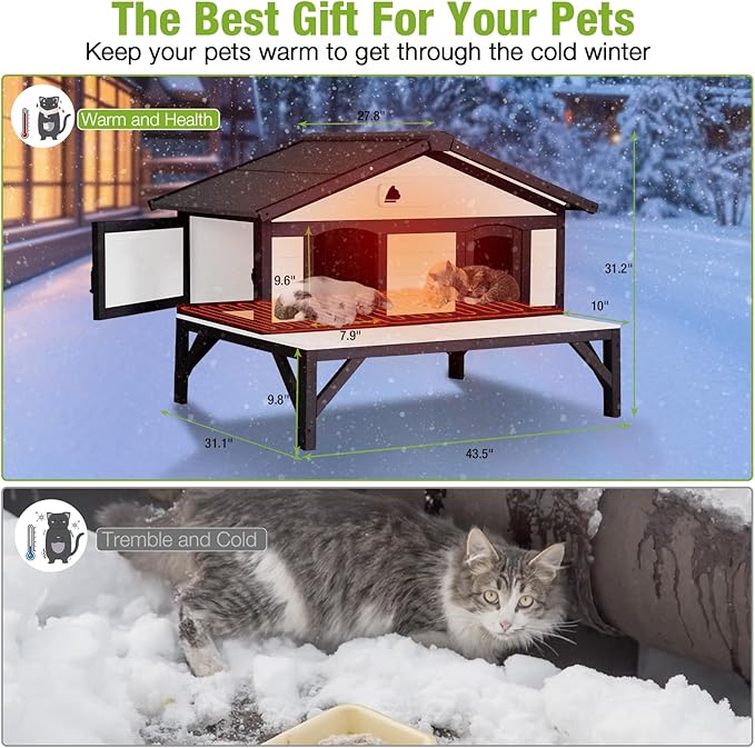 GUTINNEEN Heated Cat House for Outside Outdoor Cat House Insulated with Heated Pad, Insulated Liner, Large Wooden Shelter with Large Porch and Two Escape Doors for Multiple Cats, Black & White