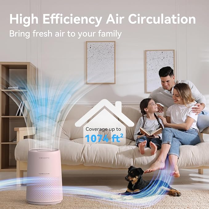 Air Purifiers for Bedroom, H13 HEPA Air Purifiers - Covers Up to 1074 ft² - 24dB Ultra-Quiet Sleep Mode, 360° Outlet Air Cleaner , Perfect for Home, Pets (Cream Pink)
