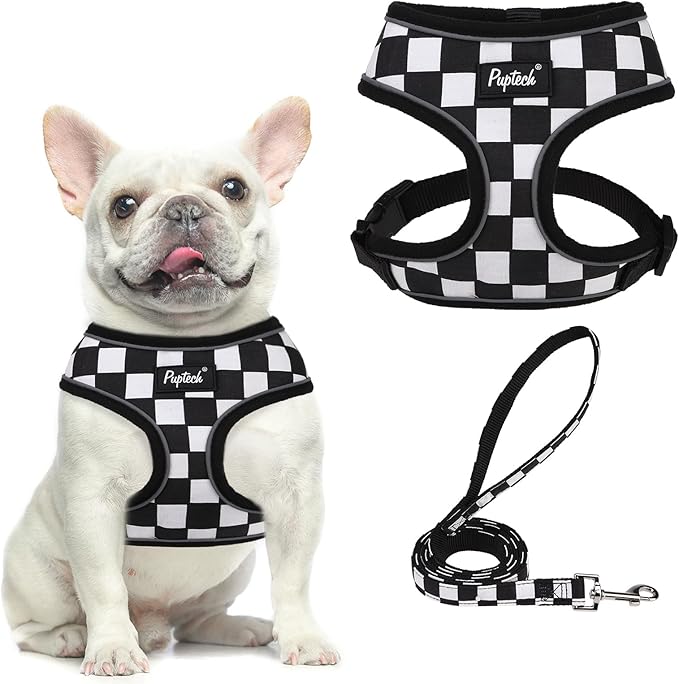 PUPTECK Soft Mesh Dog Harness and Leash Set Pet Puppy Cat Comfort Padded Vest No Pull Harnesses, Checkered Black&White, L