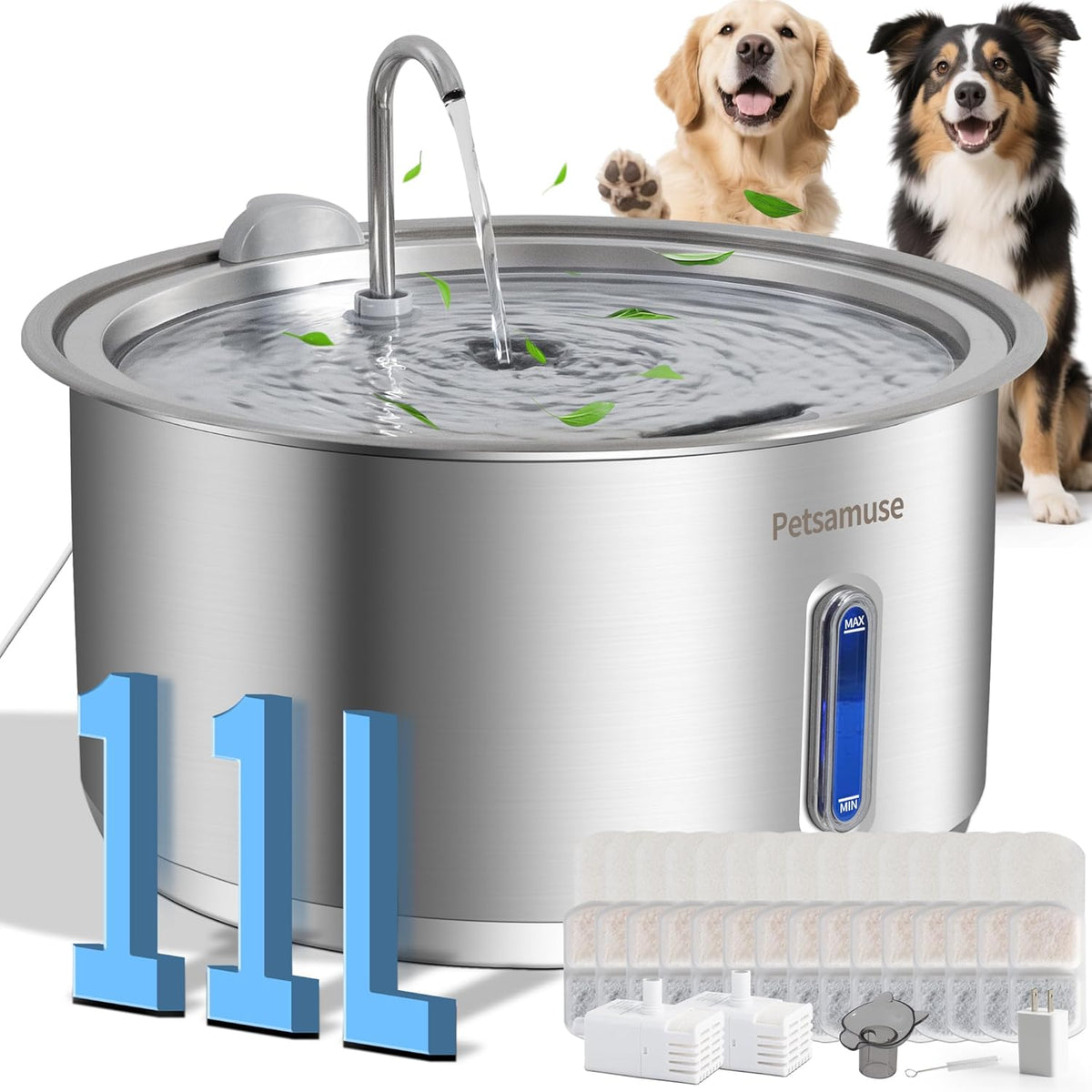 Large Dog Water Fountain, Petsamuse 11L/2.8Gal Automatic Circulating Stainless Steel Water Bowl Dispenser with 15 Replacement Filters, 2 Ultra Quiet Pumps, 2 Spray Modes and a Brush for Multi-Pet
