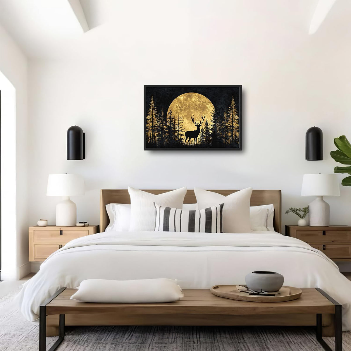 Large Moon Forest Deer Wall Art for Living Room, Black Deer Canvas Oversized Wall Decor, Elk Animal Aesthetics Framed Pictures Painting Print Artwork for Bedroom Office 36L" x 24W"