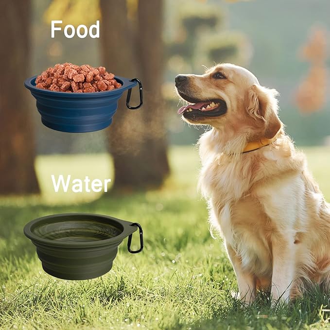 PetBonus 2-Pack Silicone Collapsible Dog Bowls, BPA Free Dishwasher Safe, Portable Foldable Expandable Travel Bowl, Food Water Feeding Cup Dish for Dogs Cats with 2 Carabiners (Army Green, Navy Blue)