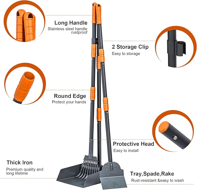 Niubya Pooper Scooper for Dogs, Metal Poop Scooper Tray Spade and Rake Set, Poop Scoop with Adjustable Long Handle, Dog Pooper Scooper for Pet Waste Removal