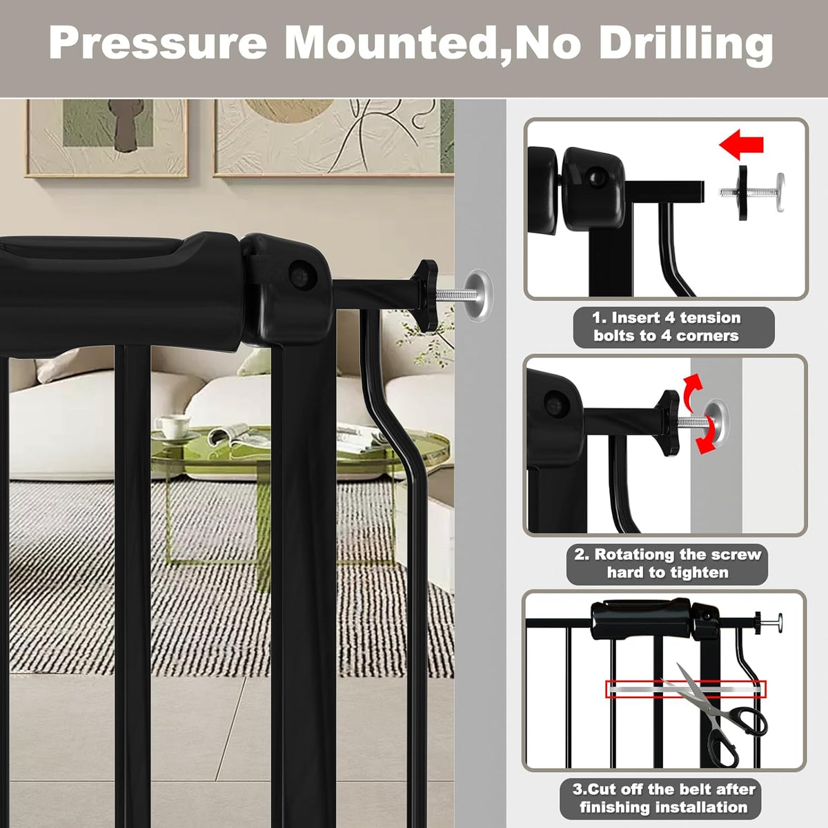 Fairy Baby Walk Through Baby Gate 38.5-43.5 Inch Wide, Pressure Mounted Safety Gate with Door No Drill, Black Tension Metal Gate for Dog and Toddler