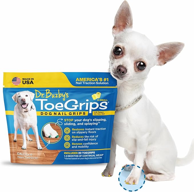 Dr Buzby's XSmall ToeGrips for Dogs - Instant Traction on Wood/Hardwood Floors - Anti Slip Relief - Grippers for Senior Dogs - Stop Sliding Instantly - Rubber Nails for Paws - 1 Pack (20 Grips)