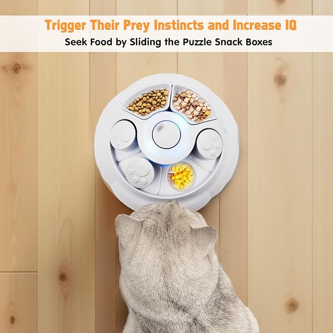 Interactive Cat Toys for Indoor Cats, 4in1 Pet Teaser Toy with Ambush Feather Wand, Motorized Fluttering Butterfly and Slow Feeder, Rechargeable Power Treat Puzzle Toys(White)