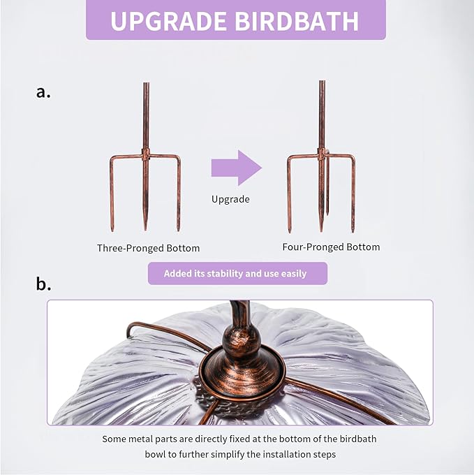 MUMTOP 31 Inch Height Glass Birdbath Birdfeeder with Metal Stake Garden Yard Outdoor Purple