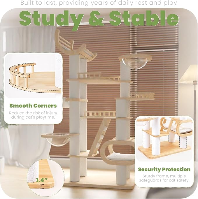 82.7'' Large Cat Tree, Modern Cat Tower with Scratching Post, Luxury Cat House, Wood Cat Tree for Indoor Cats Large Adult, Multi-Level Activity Center with Hammock, Clear Bowl, Semi-Closed Condo