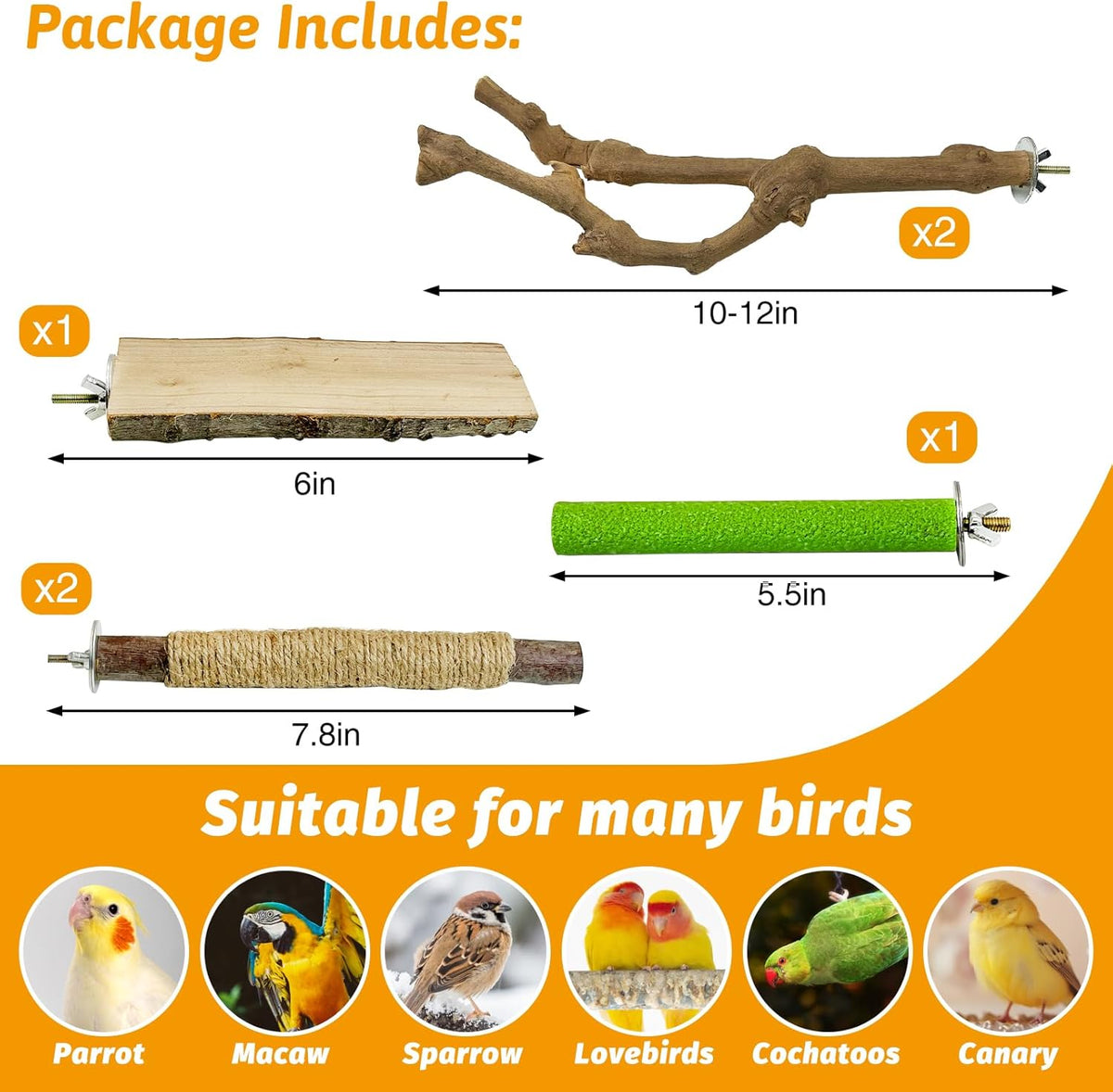 kathson 5pcs Natural Parrot Perch for Cage Wooden Bird Perches Grape Bird Stick Parakeet Climbing Standing Branches Toy Chewable Cage Accessories for Small Budgies Cockatiels Lovebirds Budgies