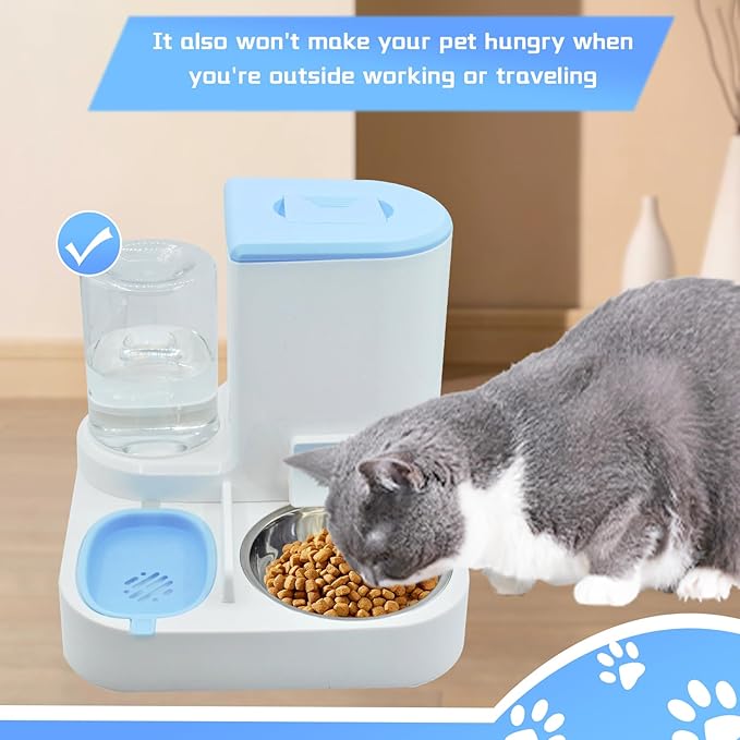 Automatic Cat Food and Water Dispenser Set 2 in 1, All-in-One Gravity Pet Feeder with Stainless Steel Cat Food Bowl Travel Auto Supply Feeder and Water Dispenser for Small Medium Cats Dogs (Blue)