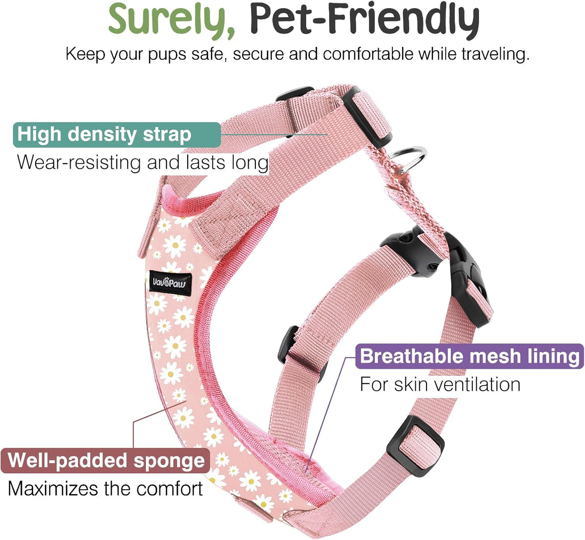 Dog Seat Belt, Safety Vest Dog Car Harness with Adjustable Buckle Dog Seat Belt for Vehicle Nylon Pet Safety Seat Belts Heavy Duty(S, Pink Daisy)