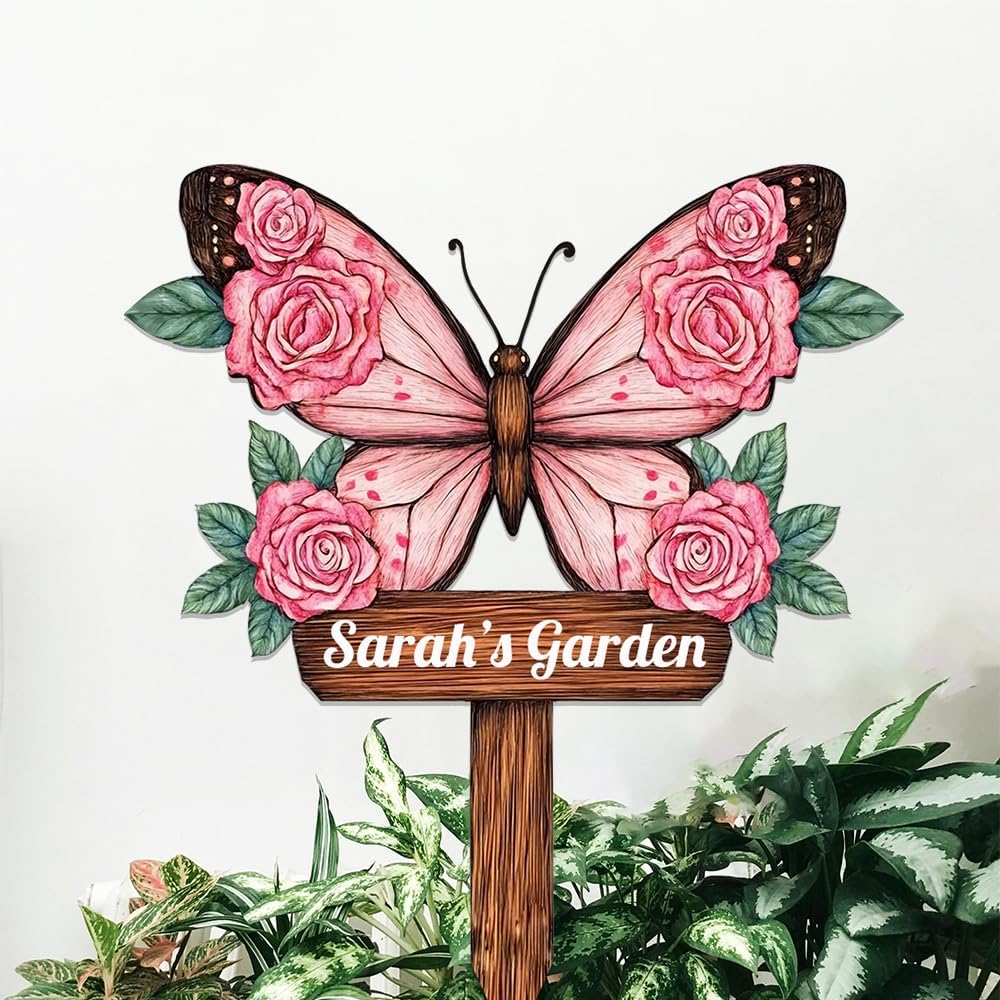 Personalized Butterfly Metal Sign with Stake,Custom Gardener Last Name Signs Outdoor Decorate,Customized Garden Accessories Decor for Mother's Day,Rose Flowers Plaques for Patio Lawn Porch Backyard