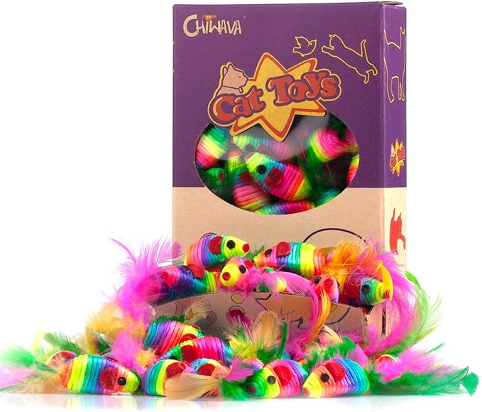 CHIWAVA 24PCS 5" Rattle Cat Toys Mice with Feathers Rainbow Rope Mouse Kitten Interactive Toy Assorted Color
