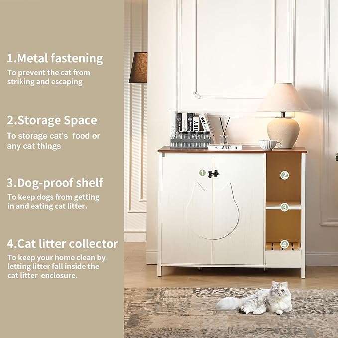 Cat-Faced Doors Cat Litter Robot Enclosure,Automatic Litter Box Enclosure for Litter Robot 3/4,Power Outlet for cat Litter Cabinet,Litter Collector,Dog-Proof Shelf,Antique White