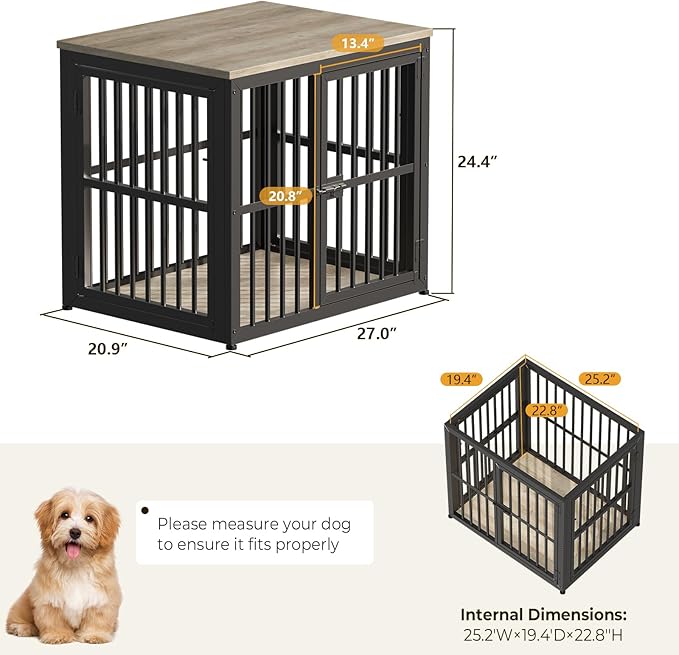 Lyromix 27'' Dog Crate Furniture with 3 Doors,Wooden Crate End Table Heavy Duty Indoor Puppy Cage for Small Dogs, Multiple Units Can be Combined, Grey