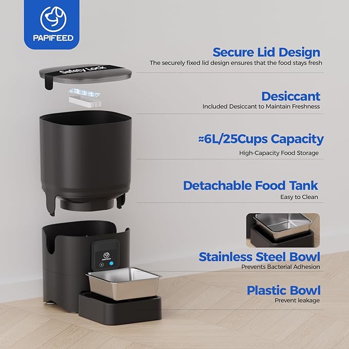 PAPIFEED 2.4G WiFi Automatic Cat Feeder, 6L/25Cup Automatic Pet Feeder with APP Control for Remote Feeding, Detachable for Easy Clean, Cat Food Dispenser with Alexa,1-10 Meals Per Day for Dog, Black