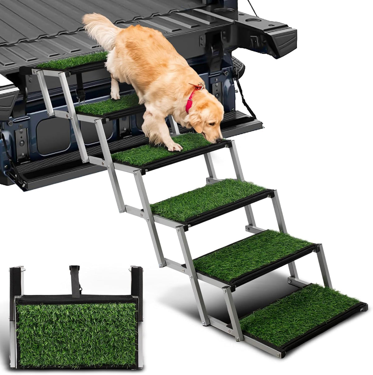 Dog Stairs for Car, Portable Folding Dog Ramps,Dog Steps for Large Dogs with Non-Slip Grass Rug for Cars, SUV, Trucks, Lightweight Pet Ramp Supports Up to 200 lb, 6 Steps
