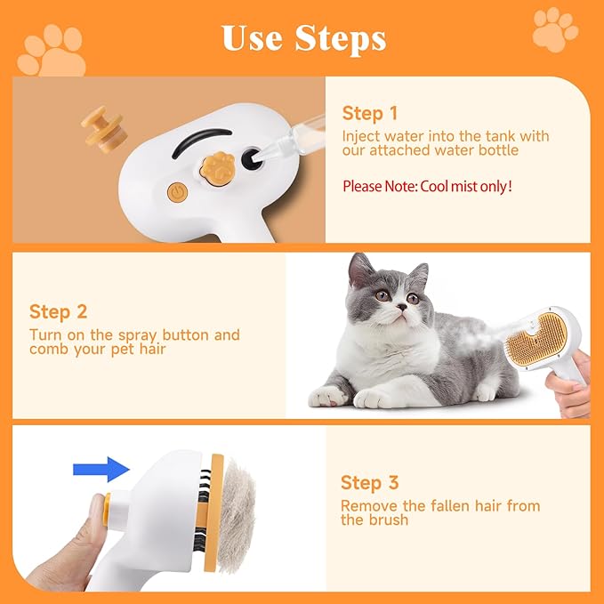 Pet Steam Brush for Dog & Cat – 3-in-1 Spray Hair Removal Comb for Shedding & Grooming – Water Brush for Long & Short Haired Pets – Includes Waterless Shampoo & Dental Wipes