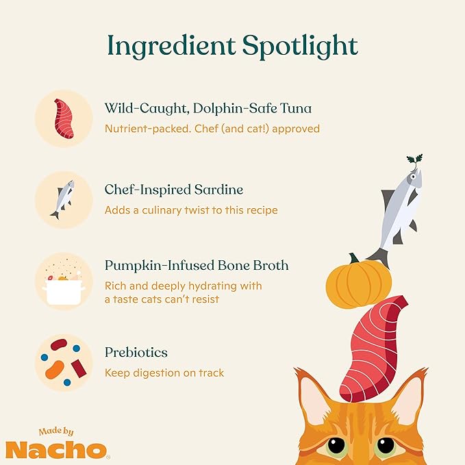 Made by Nacho Flaked Filets Recipe in Bone Broth, Grain-Free Chef's Selects Wet Food for Cats Balanced Diet in Naturally Hydrating Pumpkin-Infused Broth (3.0 oz (Pack of 12), Tuna & Sardine)