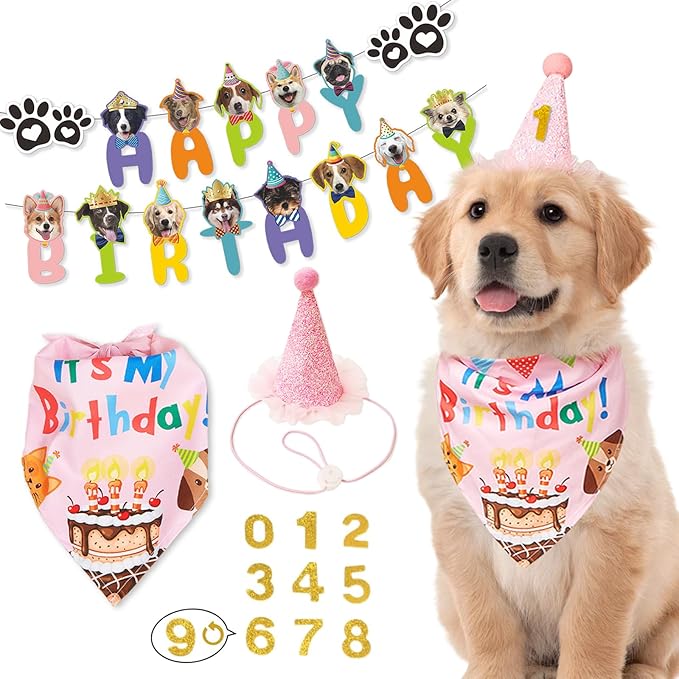 Dog Birthday Party Supplies Set,Birthday Bandana,Boy Girl Dog Birthday Hat with Numbers,Happy Birthday Banner for Golden Retriever French Bulldog Labrador Teddy Husky (Pink)