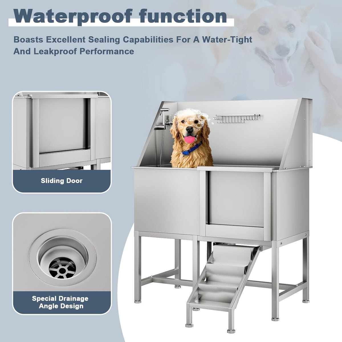 CuisinSmart 50" Dog Bathtub for Large Dogs, Professional Dog Washing Station with Dog Wash Attachment, Bath Pool for Outdoor, Indoor Shower and Grooming (50" Right Door)