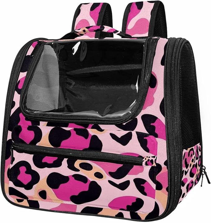 Pink Leopard Print (1) Cat Backpack Carrier, Pet Backpack for Dog Cat Puppy Kitty, Travel Carrier for Hiking Walking Outdoor Use
