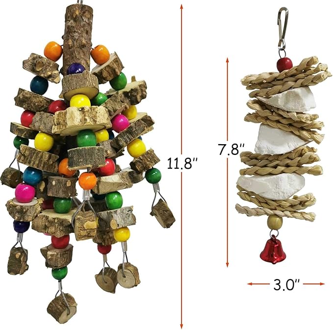 kathson Parrot Chewing Toys Medium Size - Natural Wooden Bird Toys with Colorful Blocks, Sturdy Hanging Bird Cage Accessories for Cockatiels Conure Cockatoos 2 Pack (Style A)