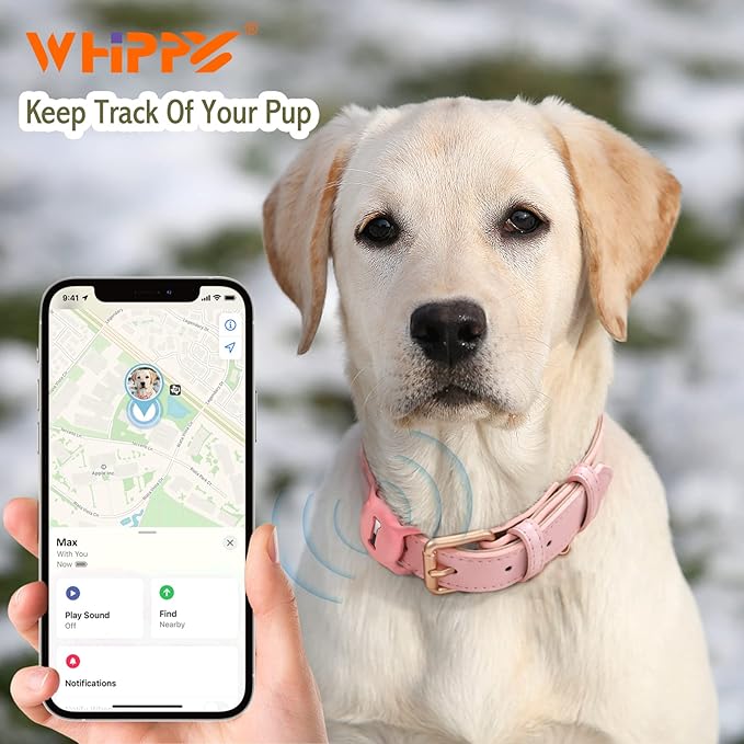 WHIPPY Airtag Leather Dog Collar GPS Tracker Air Tag Puppy Collar Adjustable Soft Leather Padded Dog Collar with Airtag Holder Case for Small Medium Large Dog Pet Backpack,Pink,S