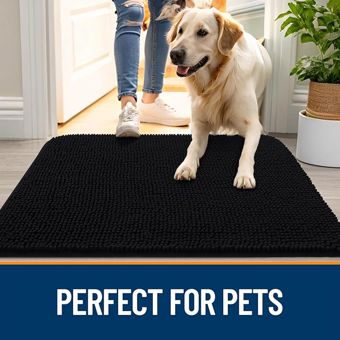OLANLY Dog Door Mat for Muddy Paws 59x24, Absorbs Moisture and Dirt, Absorbent Non-Slip Washable Doormat, Quick Dry Chenille Mud Mat for Dogs, Entry Indoor Entryway Carpet for Inside Floor, Black