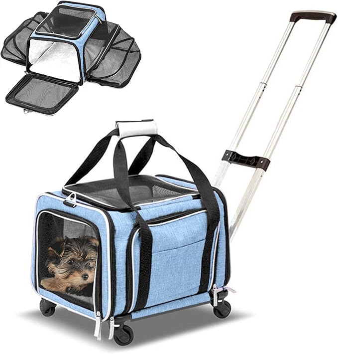 Airline Approved Expandable Premium Pet Carrier on Wheels- Two Sided Expandable Rolling Carrier- Designed for Dogs & Cats- Extra Spacious Soft Lined Carrier! - Light Blue