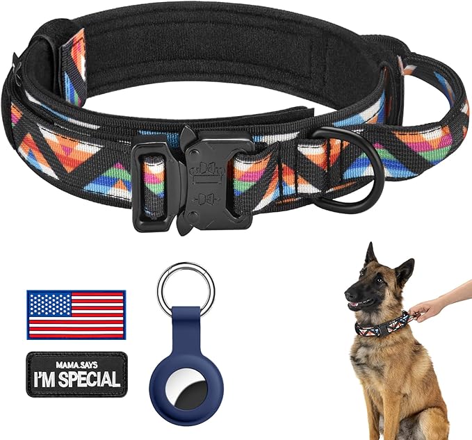 DAGANXI Tactical Dog Collar, Adjustable Military Training Nylon Dog Collar with Control Handle and Heavy Metal Buckle for Medium and Large Dogs, with Patches and Airtags Case (XL, Colorful Triangle)