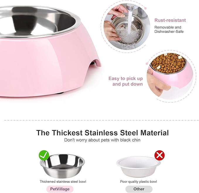 Stainless Steel Dog Bowls Set – Dual Non-Slip Pet Dishes with 2 Small (4oz*2) Bowls & Durable Resin Stand,Food & Water Feeder for Puppies, Kittens, and Small Breed Dogs– Pink