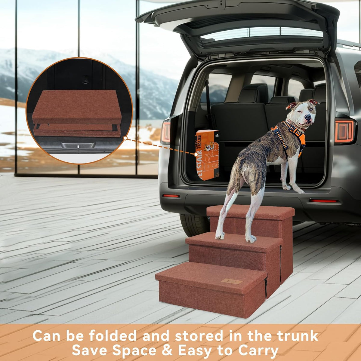Dog Stairs with Storage 18" H, 3-Step Wider Dog Steps for Small/Medium/Large Old Dogs Cats, Folding Sturdy Pet Stairs Climbing Bed Couch, Ramp for Car Hold Up to 200 lbs (Brown, No Condo)