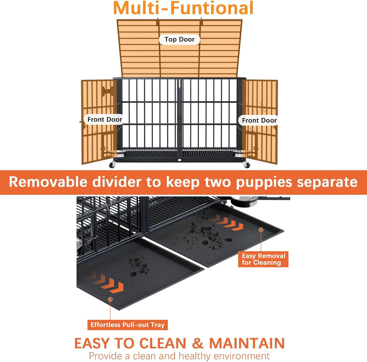 54 inch XL Dog Crate for Large Dog/Double Medium Dogs,Heavy Duty Metal Dog Cages,All Metal Open Top,Dog Kennel Indoor with Wheels,Floor Grid, Tray, Divider and Feeding Bowl