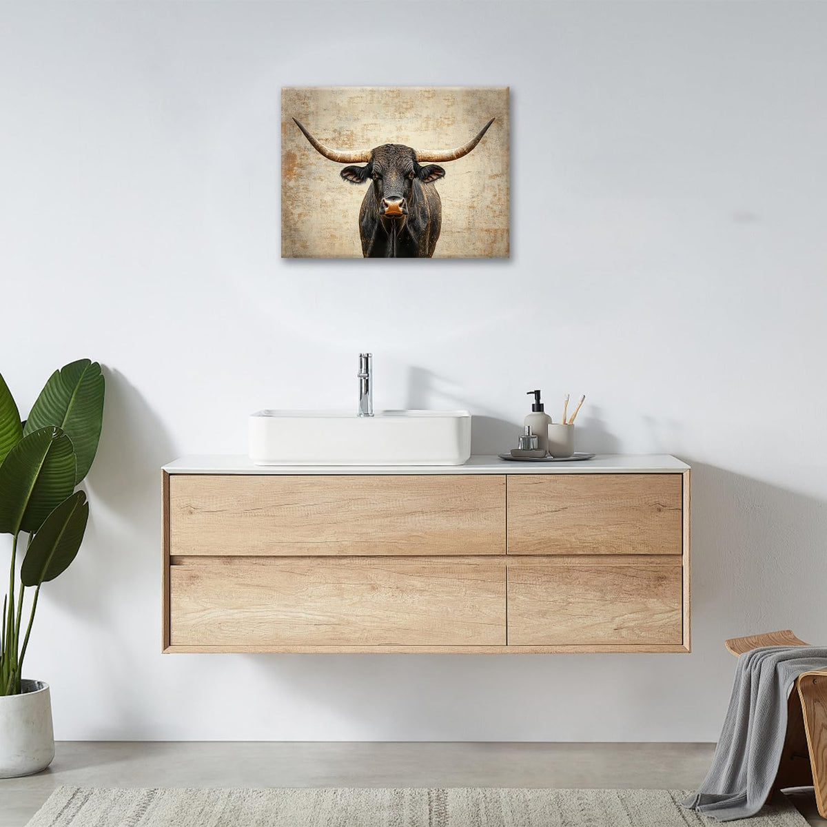 Rustic Highland Cow Pictures Wall Art, Farmhouse Longhorn Bull Bathroom Wall Decor Black Cow Framed Painting Canvas Artwork for Bathroom Bedroom Living Room Decorations 16"L x 12"W