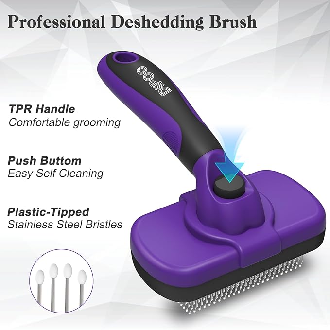 Self Cleaning Cat & Dog Grooming Brush - Skin Friendly Deshedding Hair Brush for Haired Dogs & Puppies, Purple