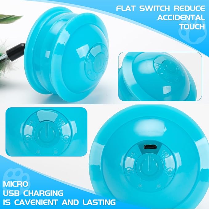 Cat Feather Toy Ball Automatic Moving Interactive Cat Toys for Indoor Cats, Self Rolling Electric Smart Tumbler Ball with Colorful Light and Big Feather Chasing Game (Blue)