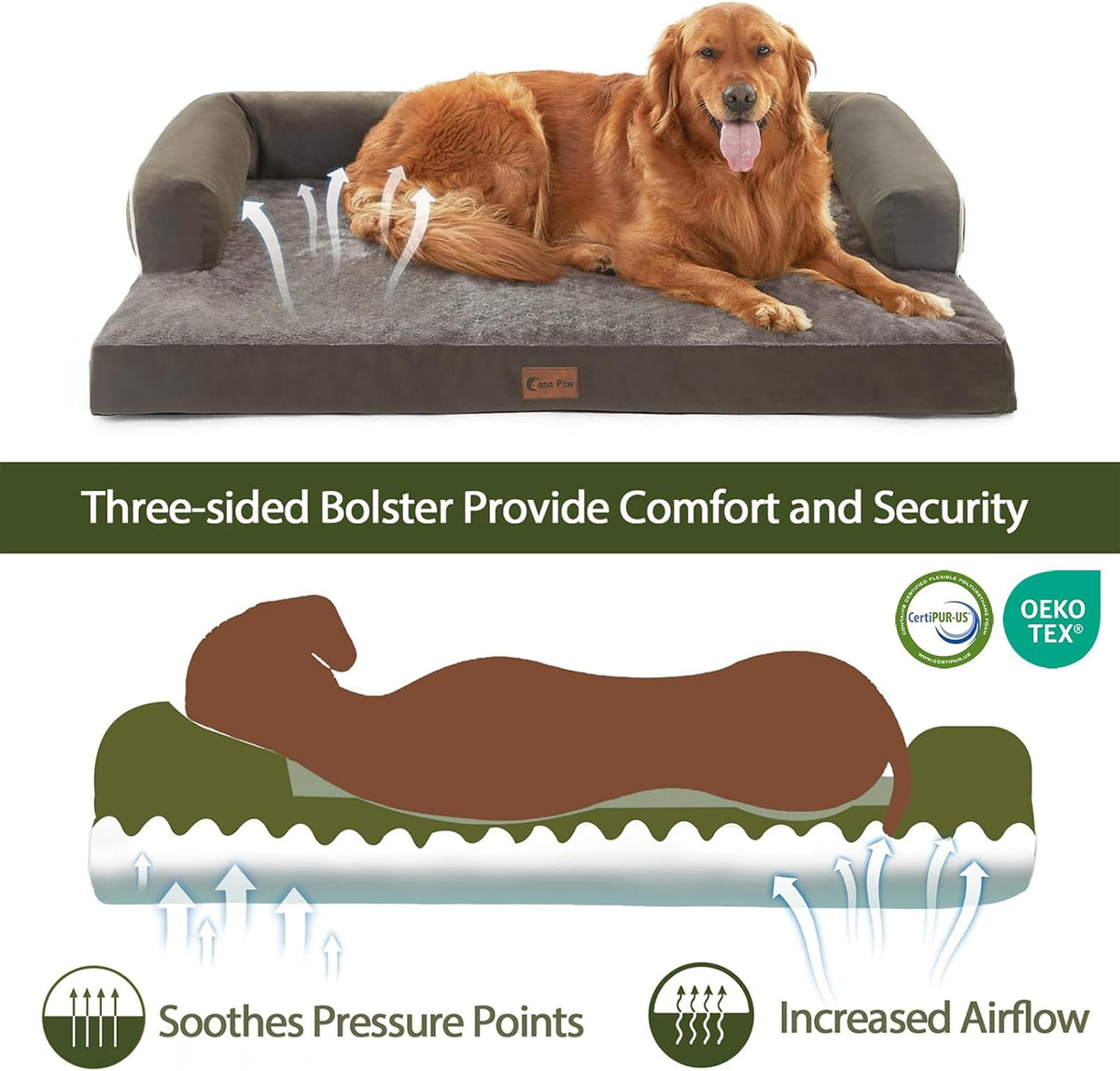 Orthopedic Dog Beds for Extra Large Dogs, Waterproof Dogs Beds XLarge, Memory Foam Dog Couch Beds with Comfy Bolster, Removable Washable Cover and Nonskid Bottom (X-Large, Dark Green)