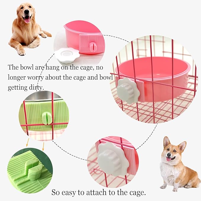 kathson Crate Dog Bowl, Removable Stainless Steel Hanging Pet Cage Bowl Food & Water Feeder Coop Cup for Cat, Puppy, Birds, Rats, Guinea Pigs (3 PCS, Size: M, Blue, Green, Pink)
