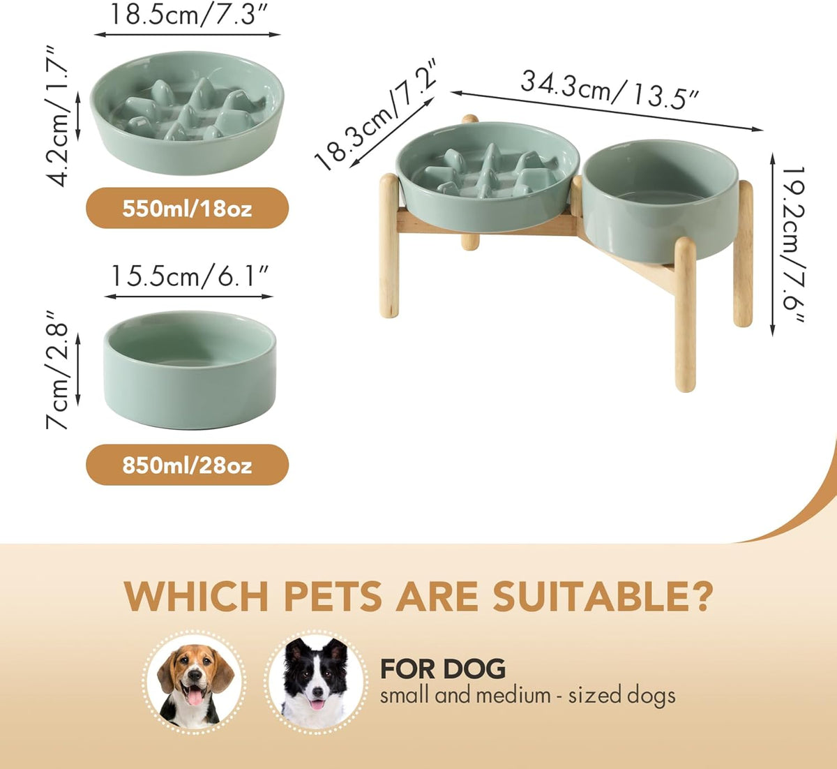 Ceramic Raised Slow Feeder Dog Bowl Set, Elevated 6.1inch Bowl and 7.3inch Slow Pet Food Dish with Wooden Stand for Small and Medium Dog (2 x Light Green+ Stand)